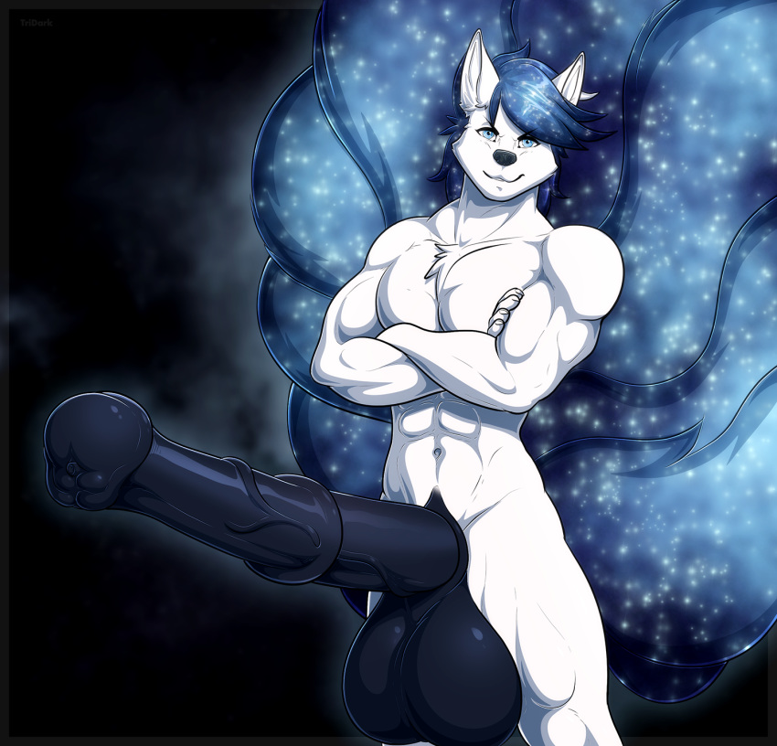 animal_genitalia animal_penis anthro arms_crossed balls biceps big_balls big_tail black_background blue_eyes blue_hair blue_tail canid canine chest_tuft cosmic_hair crossed_arms dark_blue_hair deltoids equine_penis erection flared_penis hanging_balls horsecock huge_balls humanoid hyper hyper_penis long_penis looking_at_viewer male male_only mammal matching_hair/eyes medial_ring multiple_tails muscles muscular muscular_male muscular_thighs navel nude oratorio_(silentfan42) pecs penis presenting_penis shiny_tails six_pack smile smug solo standing tail tridark vein white_body white_fur