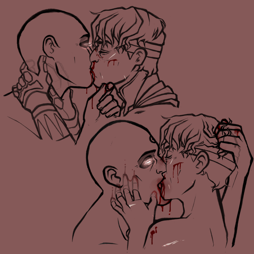 2boys adrian_veidt bald blood blood_on_face dc_comics doctor_manhattan eyes_closed gay glowing_eyes hand_on_cheek hand_on_head hand_on_neck jon_osterman kiss kissing male male_only ozymandias_(watchmen) pasionate scar superhuman unknown_artist watchmen yaoi