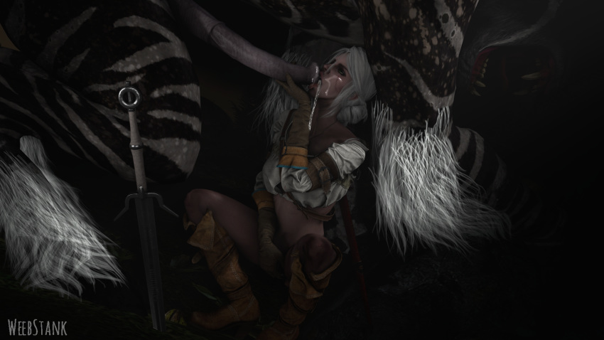 1girls 1monster 3d cd_projekt_red ciri cum_in_mouth cumshot fellatio fiend green_eyes licking_penis masturbation monster partially_clothed penis scar the_witcher_(series) the_witcher_3:_wild_hunt weebstank white_hair