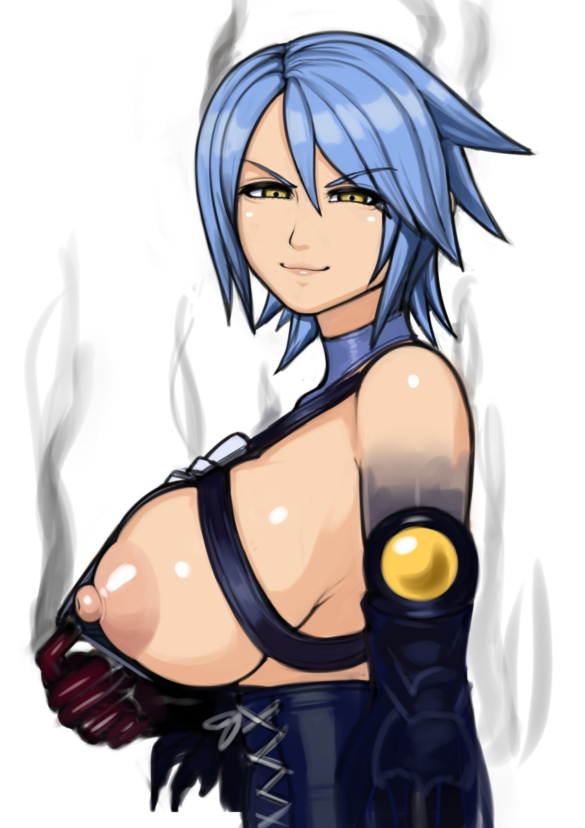 anti-aqua aqua_(kingdom_hearts) areolae big_breasts blue_hair breasts corset eyebrows_visible_through_hair female female_only gloves grey_impact kingdom_hearts large_areolae large_breasts looking_at_viewer nipple_slip nipples side_view sideboob smug solo squint white_background