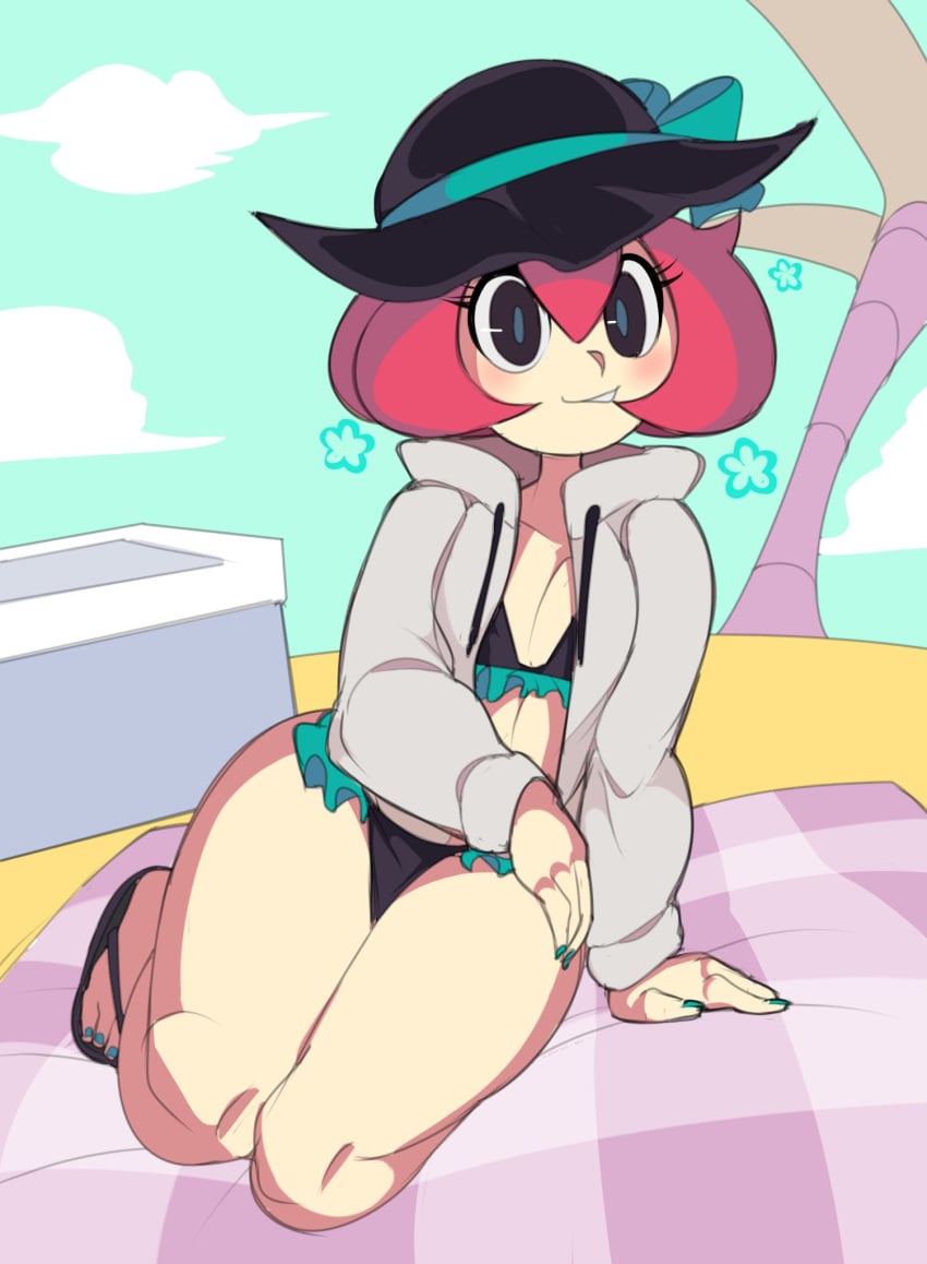 1girls 2019 beach beach_towel bikini black_eyes blush captain_kirb female female_only frilled_bikini frills hat iris_archwell jacket mii monster_manor nail_polish nintendo pink_hair sandals short_hair small_breasts smile solo streetpass_mii_plaza tagme thick thick_thighs thighs wide_hips