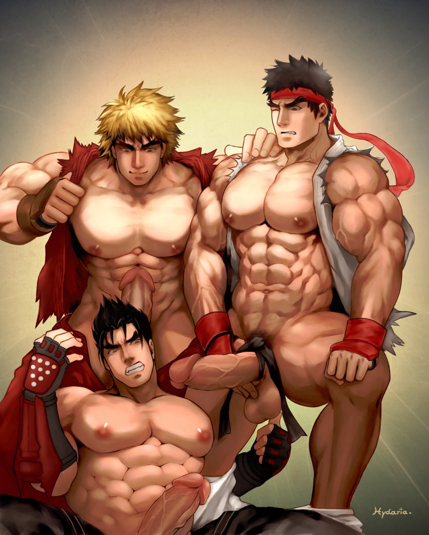 3boys abs bara biceps big_penis black_hair blonde_hair bound_penis capcom clenched_teeth crossover defeated erection fingerless_gloves functionally_nude gay headband hydaria imminent_oral jin_kazama kazama_jin ken_masters male male_focus male_only muscular muscular_male one_eye_closed partially_clothed pecs penis penis_grab ryu_(street_fighter) short_hair street_fighter street_fighter_x_tekken tekken tekken_x_street_fighter testicles threesome two_on_one uncensored undressing veiny_penis yaoi