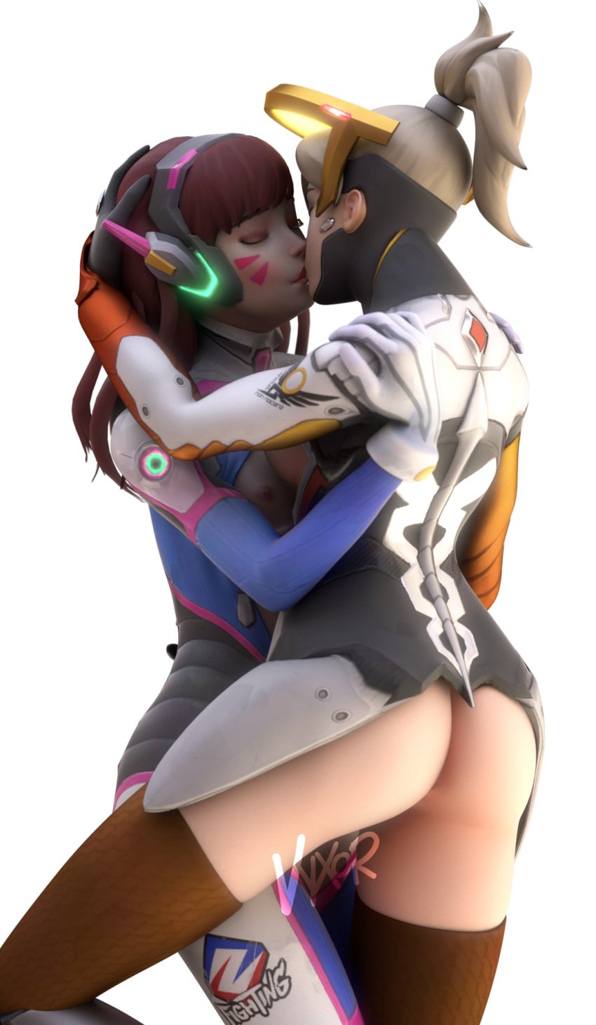 2girls 3d ass blonde_hair brown_hair d.va duo female female_only kissing mercy overwatch transparent_background vyxor yuri