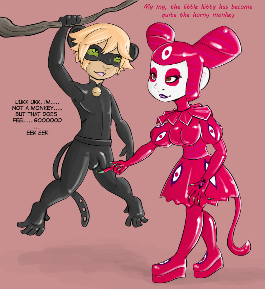 1boy 2018 absurd_res adrien_agreste blonde_hair brown_eyes bulge cat_noir color commission english english_dialogue english_text female femdom flaccid green_eyes haplorhine juleka_couffaine latex latex_suit long_fingernails mask miraculous_ladybug monkey monkey_boy monkey_feet monkey_tail mr._h outdoors penis penis_visible_through_pants pink_hair prehensile_feet primate reflekta revealing_clothes tease transformation