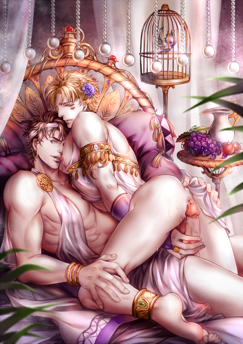 2boys anus armlet ass bangle battle_tendency bird birdcage blonde_hair brown_hair caesar_zeppeli cage cowgirl_position dkaki facial_mark feathers food gay grapes green_eyes handjob headband highres jewelry jojo's_bizarre_adventure joseph_joestar male male_only multiple_boys nipples penis riding sex straddling toga