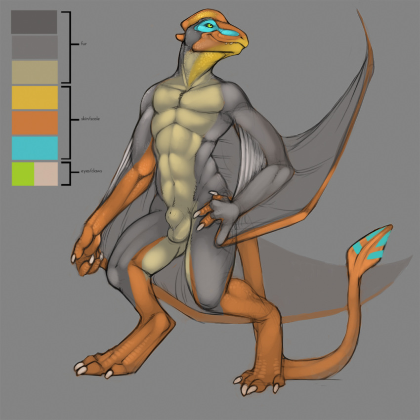 2012 abs avian balls cream_fur crouching digitigrade flaccid fur green_eyes grey_fur hand_on_thigh looking_away male male_only navel orange_scales penis pterosaur scalie sheath smile solo standing teeth tojo_the_thief tojo_the_thief_(character) toned wings yellow_scales