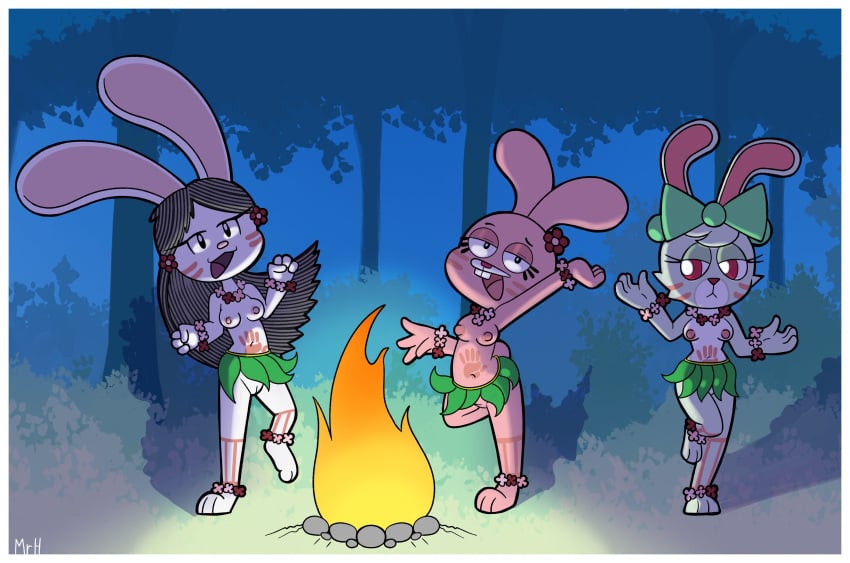 absurd_res anais_watterson anthro breasts bunny_(ajmarekart) cartoon_network dancing elinor_rabbit elinor_wonders_why female flower_accessory genitals grass_skirt group hi_res lagomorph leporid mammal markings mr_harinezumi nipples nude pbs rabbit the_amazing_world_of_gumball tribal tribal_markings trio vulva