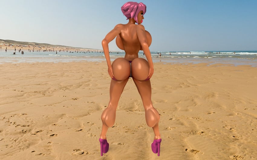 1girls 3d ass back backboob bad_3d bad_anatomy beach beta_soluce big_lips bimbo breasts bubble_butt dark-skinned_female dark_skin female female_only green_eyes hands_on_ass high_heels huge_ass huge_breasts human large_ass leopard_print lipstick long_nails looking_at_viewer looking_back panties photo_background pink_hair purple_hair purple_nails sand sideboob sky solo standing sun1sol tan_skin tanned_skin thick_lips thick_thighs thin_waist thong topless water wide_hips xmrsmoothx