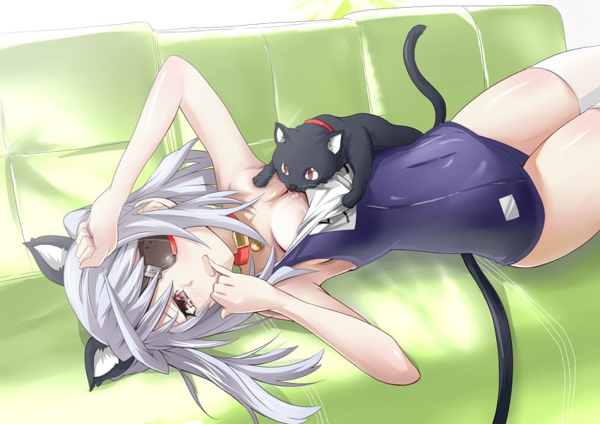 animal animal_ears bell breast_feeding breast_sucking breasts cat_ears cat_tail cleavage covered_navel extreme_content eyepatch feline female high_resolution infinite_stratos interspecies jingle_bell kemonomimi_mode laura_bodewig licking long_hair lying medium_breasts name_tag nekomimi nipple_licking one-piece_swimsuit red_eyes s040784 saliva school_swimsuit silver_hair solo sukumizu swimsuit tail thighhighs wallpaper zoophilia