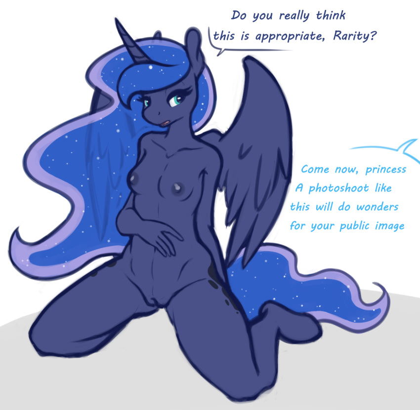 1girls 2019 alicorn anthro anthrofied blue_eyes blue_hair breasts cosmic_hair cutie_mark dialogue equine feathered_wings feathers female friendship_is_magic hair horn kneeling mammal my_little_pony navel nipples nude princess_luna_(mlp) pussy simple_background solo spread_legs spreading whatsapokemon white_background wings