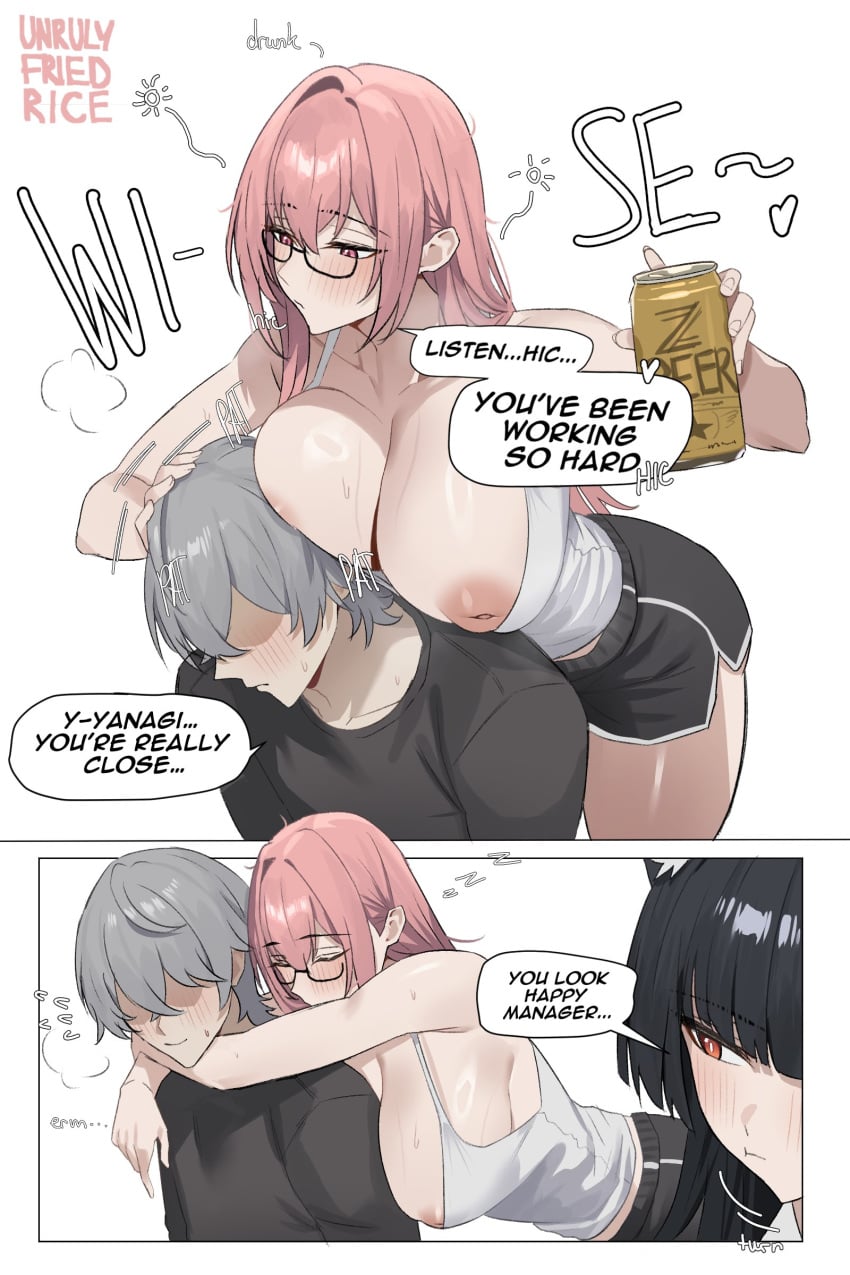 1boy 2girls alcohol alternate_breast_size beer big_breasts black_hair blush breast_press breasts breasts_on_head dialogue drunk english_text glasses hoshimi_miyabi inverted_nipples large_breasts pink_eyes pink_hair red_eyes shorts sleeping tank_top text tsukishiro_yanagi unrulyfriedrice wise_(zenless_zone_zero) zenless_zone_zero zzz