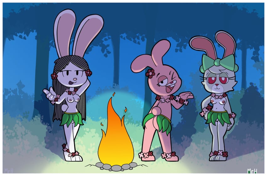 absurd_res anais_watterson anthro ass breasts bunny_(ajmarekart) cartoon_network elinor_rabbit elinor_wonders_why female flower_accessory genitals grass_skirt group hi_res leaf_skirt markings mr_harinezumi nipples nude pbs the_amazing_world_of_gumball tribal tribal_markings trio vulva