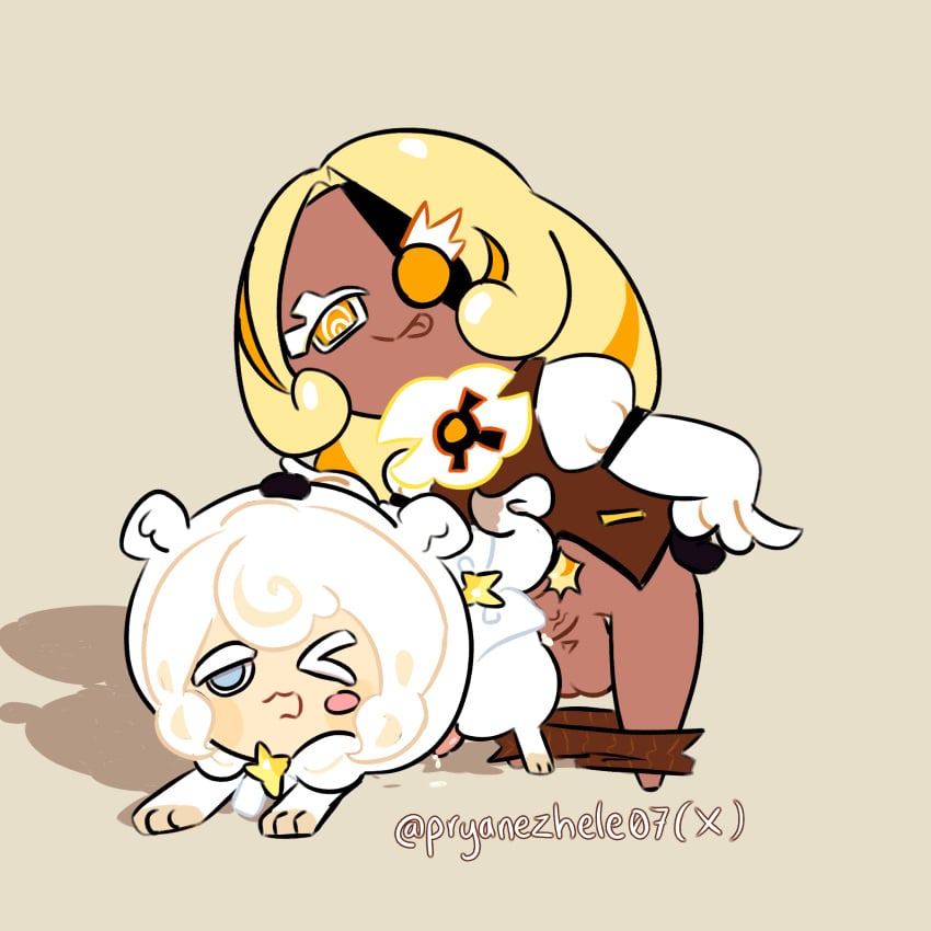 blue_eyes cookie_run_kingdom cookie_run_ovenbreak cream_ferret_cookie cum cum_drip cum_on_floor penis_in_ass penis_out penis_size_difference smug_face timekeeper_cookie tounge_out white_fur winking yellow_eyes yellow_hair