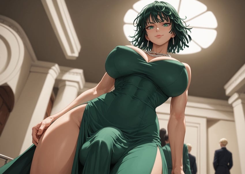 abs ai_generated breasts bulge bulge_through_clothing curvy curvy_figure cutout dickgirl earrings erect_penis erection female female from_below fubuki_(one-punch_man) futa_only futanari green_dress green_eyes green_hair hard_nipples high_resolution highres huge_balls huge_breasts huge_cock in_public indoors large_testicles looking_at_viewer mature mature_female mature_woman necklace nipples one-punch_man penis smirk solo solo_focus solo_futa spectreai standing thick thick_legs thick_thighs thighs tight_clothing