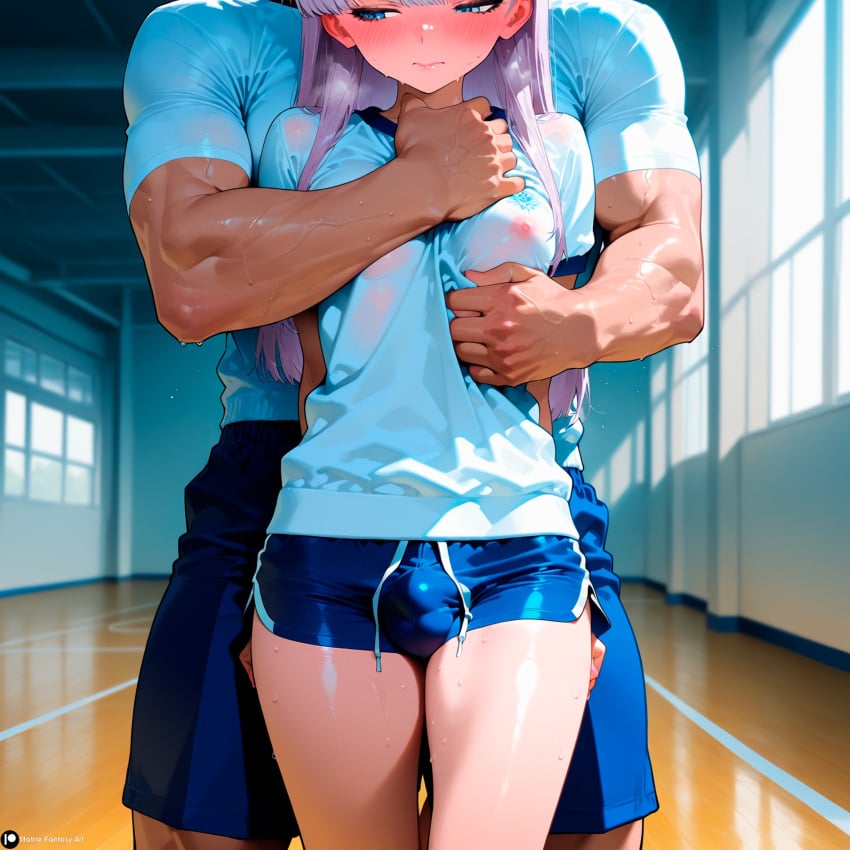 1boy 1femboy ai_generated anxious bangs big_penis black_skirt blue_eyes blush boner bulge bulge_in_panties bulge_through_clothing bulge_under_clothes cock dick embarrassed excited eyelashes eyeliner femboy femenine grabbing grabbing_from_behind gym gym_clothes gym_teacher gym_uniform high_school high_school_student hips horny ilya_(stblfantasy) lavander_hair legs light_skin long_hair makeup nipples original p.e._teacher patreon penis petite petite_body petite_boy pink_lipstick precum shy skinny small small_breasts stable_diffusion standing stblfantasy student submissive submissive_femboy sweat sweatdrop sweating teacher teacher_and_student tie uncontrolled_boner uniform uniform_top white_shirt