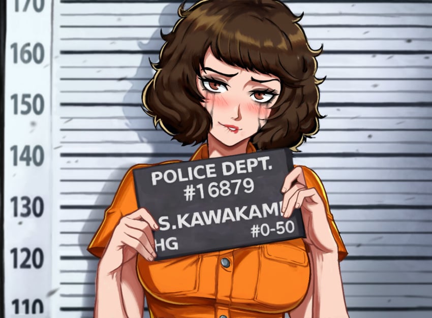 1girls 2d aroused aroused_face aroused_female aroused_smile big_breasts biting_lip biting_own_lip blush blush blush_lines bob_cut brown_hair color criminal fluffy_hair looking_at_viewer medium_hair milf mugshot neggoartz persona persona_5 police posing posing_for_picture posing_for_the_viewer ruined_orgasm sadayo_kawakami tight_clothing tight_fit