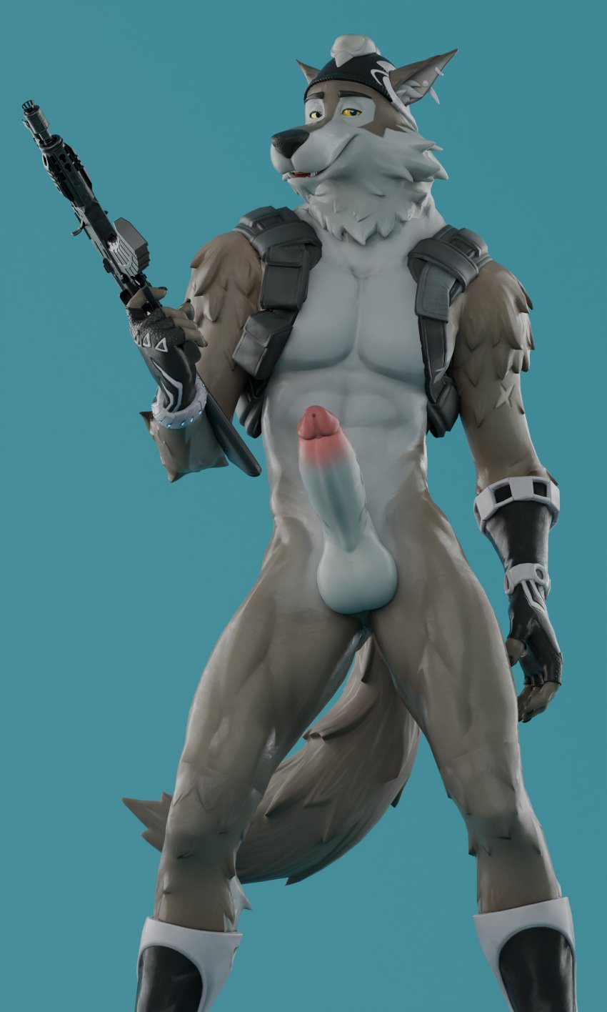 2025 3d_(artwork) 4_claws 4_fingers abs absurd_res anthro assault_rifle bad_trigger_discipline balls bedroom_eyes big_balls big_penis black_nose blender_(artwork) blue_background boots bottomless bottomless_anthro bottomless_male canid canine canis claws clothed clothing digital_media_(artwork) ear_piercing epic_games erection fingerless_gloves fingers fluffy fluffy_tail footwear fortnite front_view fur furgonomic_headwear furgonomics genitals glans gloves grey_body grey_fur grey_tail gun handwear headgear headwear hi_res holding_gun holding_object holding_ranged_weapon holding_weapon inner_ear_fluff looking_at_viewer male mammal mcfizzyd_(nuthead101) mostly_nude_anthro multicolored_body multicolored_boots multicolored_clothing multicolored_footwear multicolored_fur multicolored_gloves multicolored_handwear multicolored_hat multicolored_penis narrowed_eyes naughty_face neck_tuft open_clothing open_topwear open_vest partially_clothed partially_clothed_anthro partially_clothed_male pecs penis piercing portrait presenting presenting_penis pupils ranged_weapon red_glans red_tongue rifle seductive shirtless shirtless_anthro shirtless_male shoes simple_background smile smiling_at_viewer smirk smirking_at_viewer solo tail teeth three-quarter_portrait tongue topwear tuft vest weapon wendell_(fortnite) white_balls white_body white_fur wolf yellow_sclera