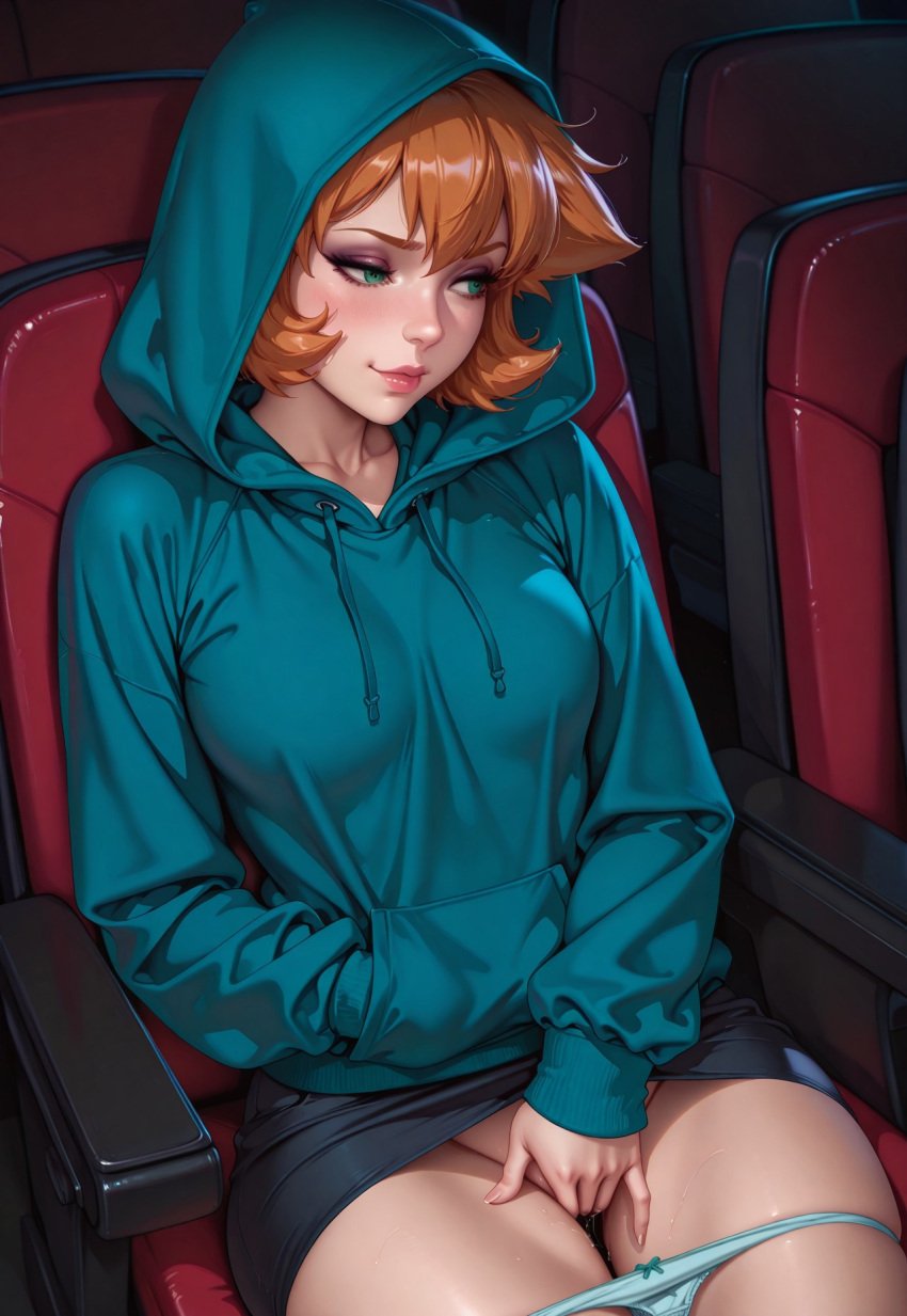 bangs black_clothes black_skirt blush bodily_fluids bow bow_panties breasts chair closed_mouth clothed_masturbation clothes_lift clothes_pull clothing couch female female female_masturbation female_only furniture green_eyes hood hood_down hood_up hoodie indoors kasumi_(pokemon) lips long_sleeves looking_at_viewer looking_to_the_side makeup masturbation medium_breasts misty_(pokemon_hgss) orange_hair pantsu panty_pull pokemon pokemon_character pokemon_gsc pokemon_hgss shiny shiny_hair shirt short_hair sitting skirt skirt_lift smile solo sweat thighs uncensored underwear underwear_pull vagina white_panties white_underwear