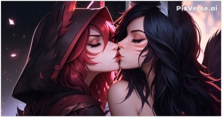 2girls ahri ai_generated flirting girl_on_girl kissing league_of_legends lesbian_couple lesbian_kiss lovers vastaya xayah yuri yuri yuri