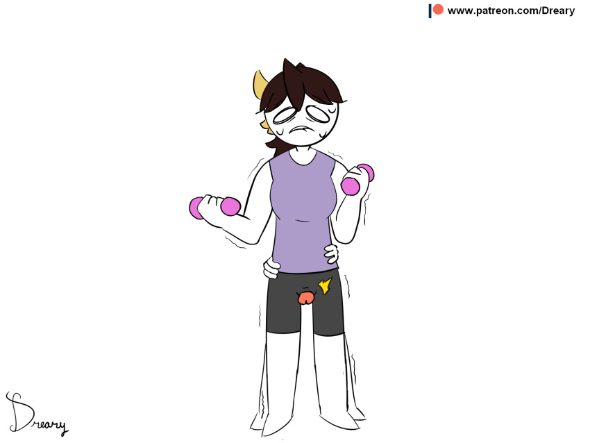 1boy 1girls behind_another biting_own_lip clothed concerned dreary exercise female female_focus gym_clothes gym_clothing gym_shirt gym_shorts holding_hips jaiden jaiden_animations jaidenanimations male nervous nervous_expression nervous_face nervous_female penis penis_between_legs penis_under_clothes sweat sweating tease tremble_lines trembling weights white_skin youtube youtuber