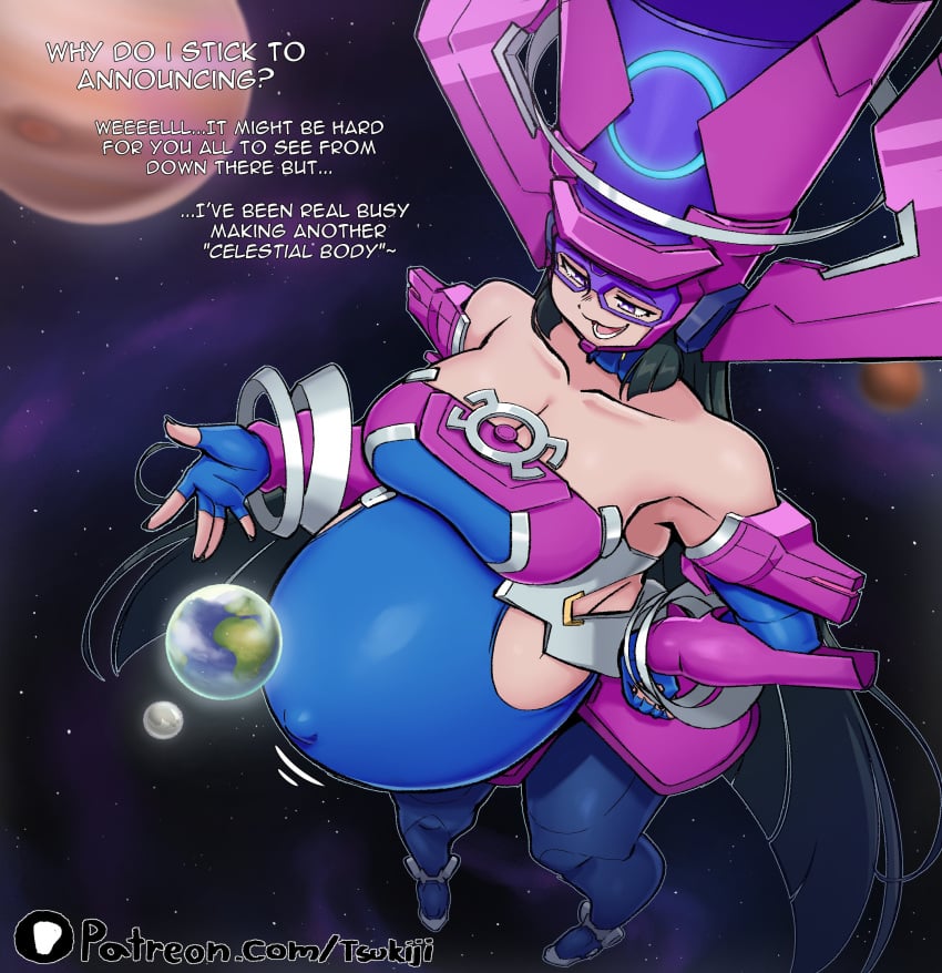 1girls big_breasts black_hair breasts canon_pregnancy cleavage earth female female_focus female_only galacta galacta_(marvel_rivals) heavily_pregnant hyper_belly long_hair marvel marvel_comics marvel_rivals pregnant purple_eyes solo solo_female solo_focus space standing talking talking_to_viewer text tight_clothing tsukiji universe