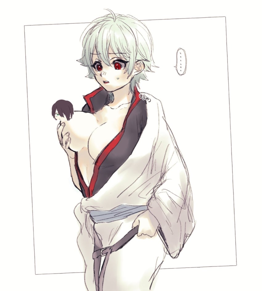 after_transformation big_breasts breast_grab breast_hold canon_genderswap character_censor cleavage confusion female female_only gender_transformation genderswap_(mtf) ginko_sakata gintama gintoki_sakata grabbing_own_breast hadanugi_dousa japanese_clothes kimono looking_at_breasts no_bra novelty_censor one_breast_out open_shirt pale-skinned_female pale_skin popped_collar red_eyes rule_63 shirotahoney short_hair solo takasugi_shinsuke white_hair