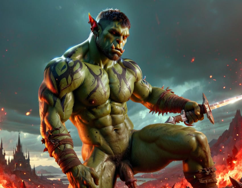 ai_generated bara big_muscle big_penis erection green_skin huge_cock male muscular_male orc orc_male orced penis sword