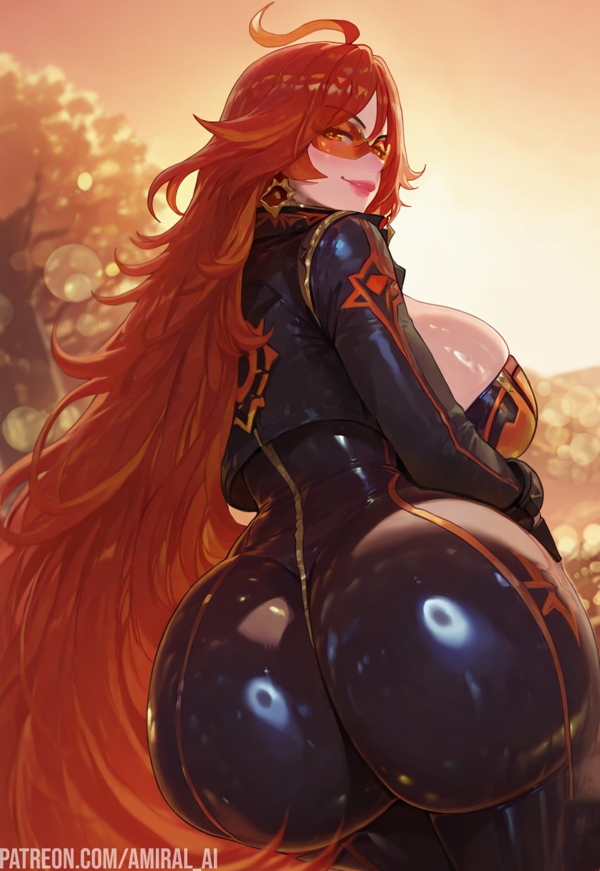 amiral_ai back_view dat_ass genshin_impact huge_ass huge_breasts latex latex_suit long_hair looking_back massive_breasts mavuika_(genshin_impact) motorcycle_suit red_eyes red_hair smirk smirking smirking_at_viewer voluptuous