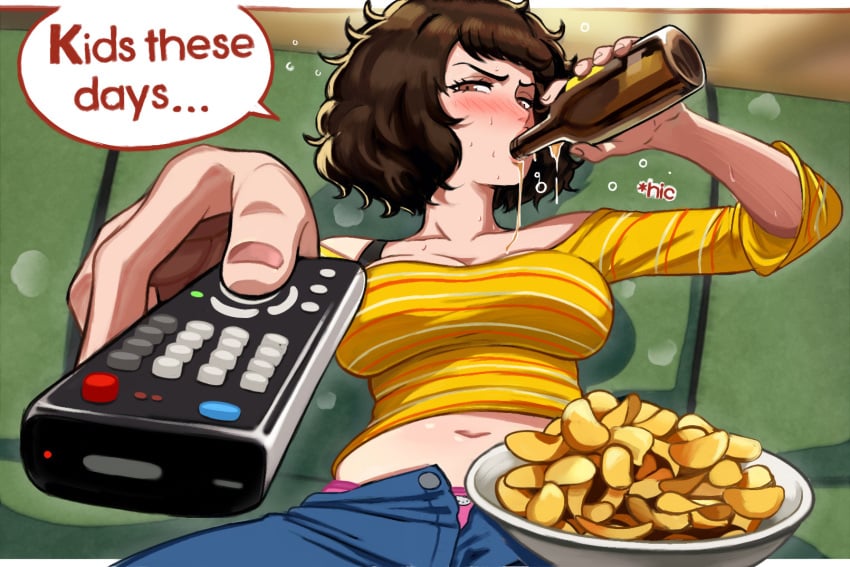 2d alcohol alcoholic_drink annoyed annoyed_expression beer belly_button big_breasts blush brown_hair color couch drinking drinking_alcohol dripping drunk fluffy_hair guy_sipping_beer_stock_image looking_at_viewer medium_hair meme meme_reference milf neggoartz pants_unzipped persona persona_5 remote_control sadayo_kawakami sitting_on_couch tagme top tv_remote unzipped watching_tv