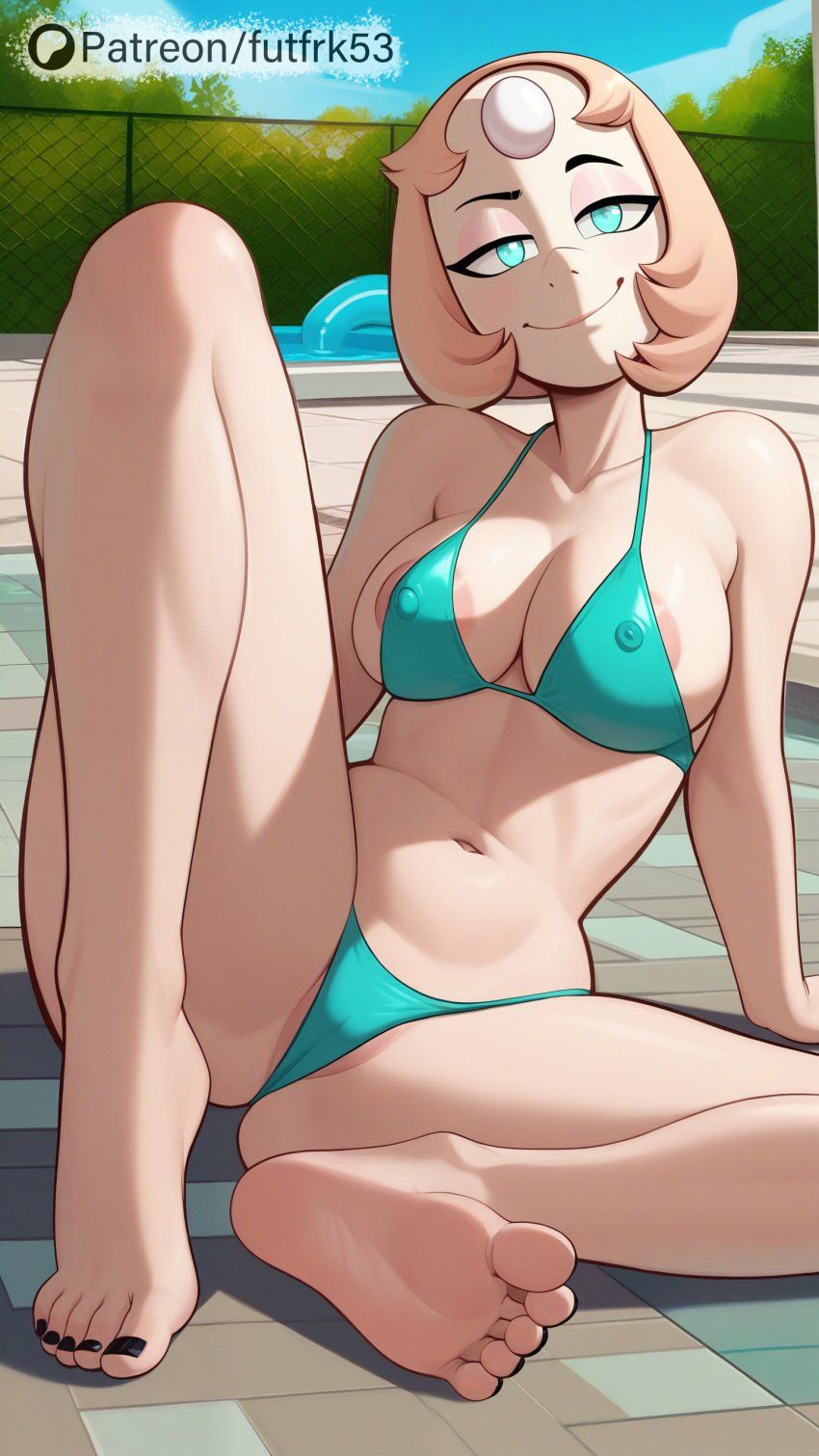 ai_generated alien bikini black_nails black_toenails blue_eyes crystal_gem feet female female_only foot_fetish foot_focus futfrk53 gem_(species) hard_nipples looking_at_viewer nip_slip pearl_(gem) pearl_(steven_universe) pool pussy_lips short_hair solo_female stable_diffusion steven_universe toes