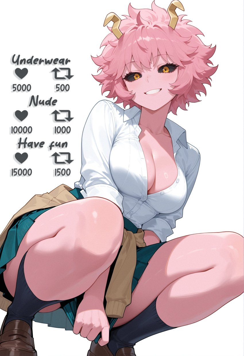 1girls ai_generated ashido_mina boku_no_hero_academia breasts pink_hair skirt smile solo squat