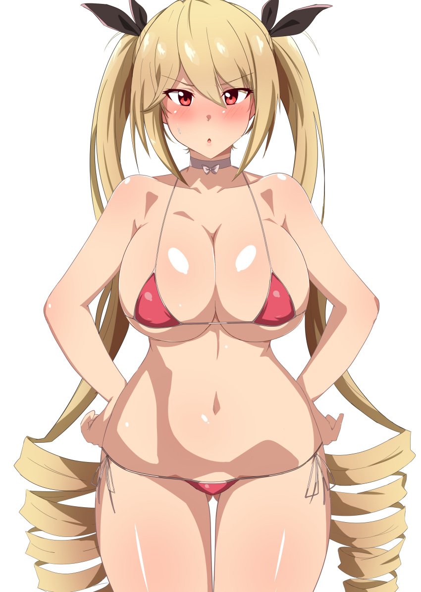 1girls azur_lane bikini blonde_hair blush bow breasts cleavage collar female female_only hands_on_hips highres huge_breasts light-skinned_female light_skin long_hair micro_bikini navel nelson_(azur_lane) red_eyes royal_navy_(azur_lane) seihekiog shiny_skin solo string_bikini twintails very_long_hair