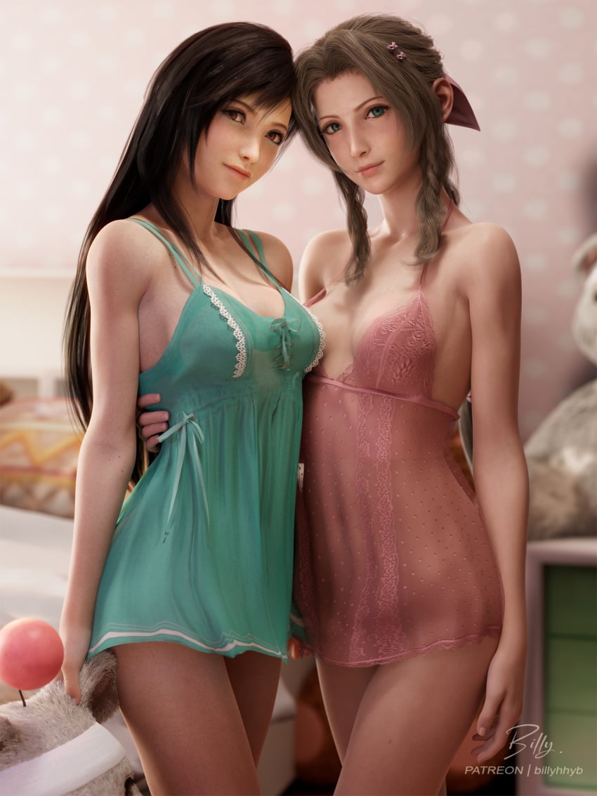 2025 2girls 3d aerith_gainsborough babydoll babydoll_lingerie bed bedroom big_plushie billyhhyb black_hair braided_hair brown_hair covered_breasts detailed_background duo female female_only final_fantasy final_fantasy_vii final_fantasy_vii_remake front_view green_eyes hand_around_waist indoors legs_crossed lingerie lingerie_only long_hair looking_at_viewer medium_breasts moogle nightie no_nude no_nudity non-nude non_nude plushie polka_dot_background posing red_eyes red_lipstick ribbon_in_hair skinny skinny_female smile standing tied_hair tifa_lockhart very_long_hair