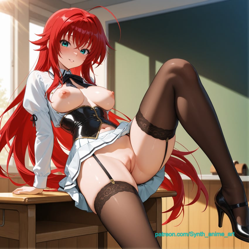 ai_generated blue_eyes breasts female female_focus girl highschool medium_breasts naked navel pussy red red_hair rias_gremory synthanime thighs