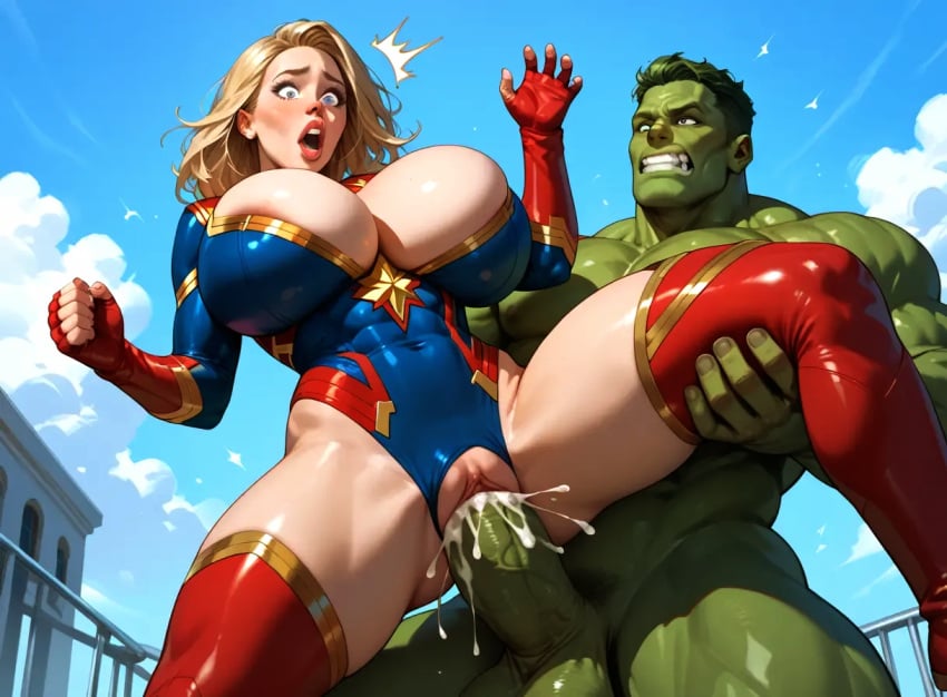 ai ai_art ai_assisted ai_generated big_breasts breasts breasts carol_danvers cum cum_in_pussy cum_inside fucked_from_behind giant_breasts huge_breasts hulk legs_apart legs_spread marvel marvel_comics ms._marvel spread_legs tits_bigger_than_head