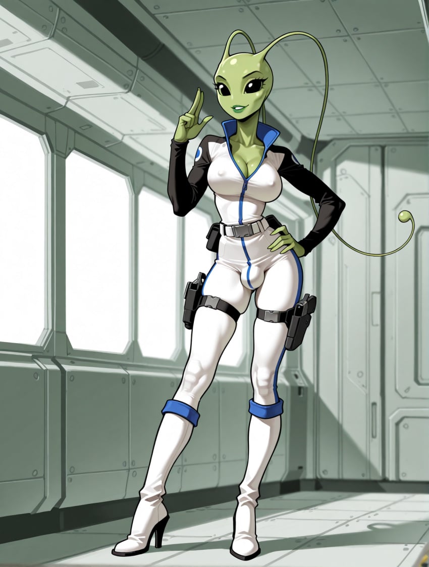 1futa 1girls against_table ai_generated alien alien_girl alien_humanoid antennae_(anatomy) arm_support bald belt black_eyes black_sleeves blue_trim bodysuit bulge cleavage clothed covered_nipples earless eyelashes futanari green_lips green_skin gynomorph hand_on_hip hand_up high_collar high_heel_boots high_heels holster holstered_weapon indoors jimojo knee_boots large_breasts leaning light_smile long_sleeves multicolored_clothing narrow_waist no_ears no_nose no_pupils no_sclera noseless one_hand_up parted_lips salute science_fiction solid_eyes solo stable_diffusion standing thigh_holster two_fingers_up utility_belt white_bodysuit