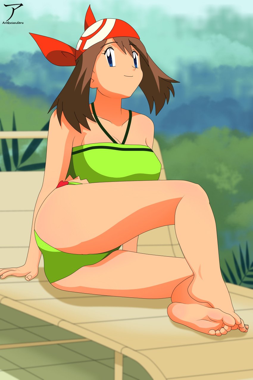 arekusanderu artist_logo artist_name bandana bikini bikini_only blue_eyes breasts brown_hair feet female game_freak hair_between_eyes may_(pokemon) nintendo outdoors pokemon solo swimwear swimwear_only tagme