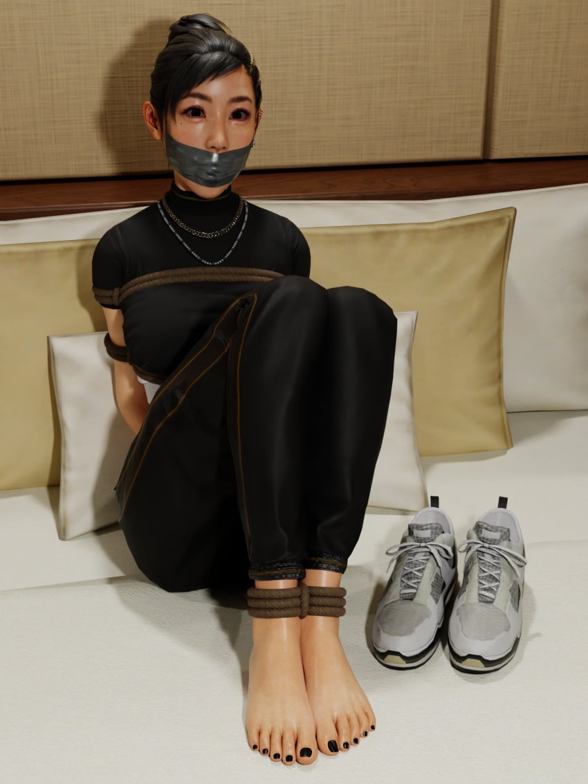 3d blender bondage chitose_fujinomiya clothed feet gag gagged like_a_dragon_(series) on_bed rope_bondage taped_mouth theblendertaper toes yakuza_(series)