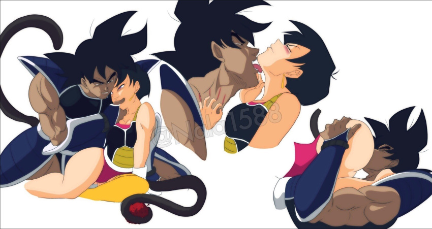 1boy 1boy1girl 1girls black_hair dragon_ball dragon_ball_z facesitting female_saiyan nala1588 neck_lick saiyan saiyan_tail scratch_marks scratching seripa tail turles