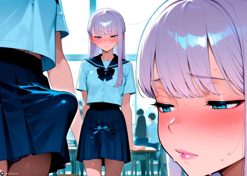 1boy 1femboy ai_generated anxious bangs big_penis black_skirt blue_eyes blush boner bulge bulge_in_panties bulge_through_clothing bulge_under_clothes cock dick embarrassed eyelashes eyeliner femboy femenine high_school high_school_student hips ilya_(stblfantasy) lavander_hair legs light_skin long_hair makeup nipples original patreon penis petite petite_body petite_boy pink_lipstick shy skinny small small_breasts stable_diffusion standing stblfantasy student submissive submissive_femboy sweat sweatdrop sweating tie uncontrolled_boner uniform uniform_top white_shirt