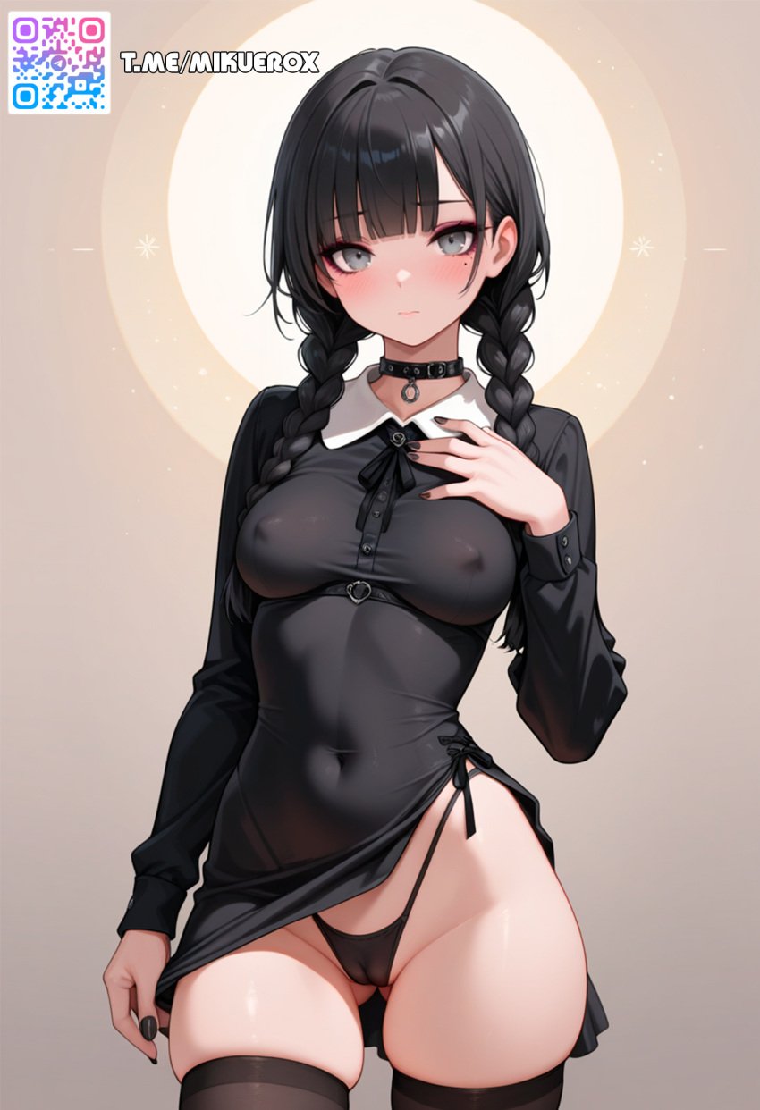 ai_generated ass_visible_through_thighs black_choker black_collar black_dress black_hair black_nails black_panties black_thighhighs blunt_bangs blush braid breasts cameltoe choker closed_mouth collar collared_dress covered_navel covered_nipples cowboy_shot dress female grey_eyes hand_on_own_chest highleg highleg_panties long_hair long_sleeves looking_at_viewer low_twin_braids medium_breasts mole mole_under_eye nail_polish panties ribbon side_ skindentation slit solo thighhighs thighs twin_braids underwear