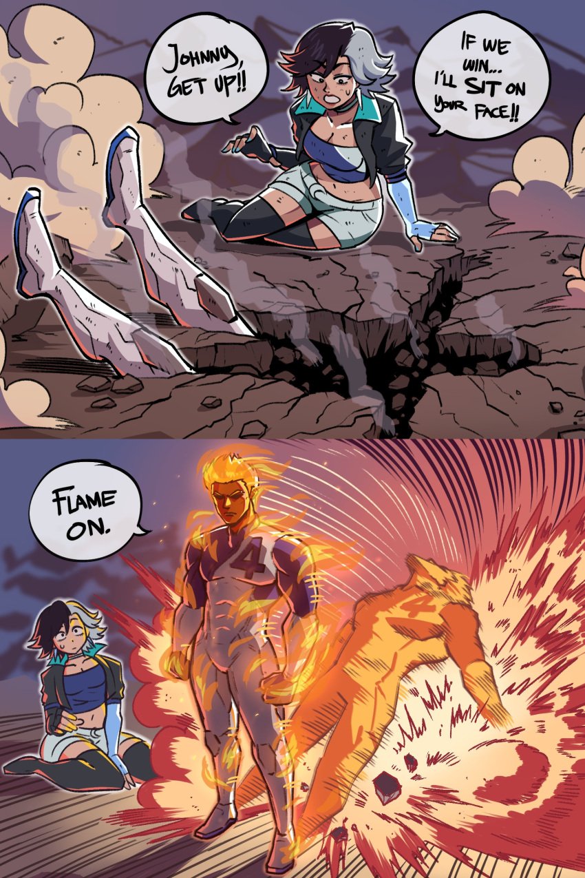 1boy1girl 2d aura belly_button big_breasts black_hair child_bearing_hips comic comic_page curvy curvy_body curvy_female curvy_figure fantastic_four fight funny gloves grey_hair human_torch johnny_storm luna_snow marvel marvel_rivals medium_hair open_jacket shorts surprised surprised_expression sweatdrop tagme text text_bubble thick thick_ass thick_thighs tinafate1 top two_tone_hair voluptuous voluptuous_female white_hair wide_hips