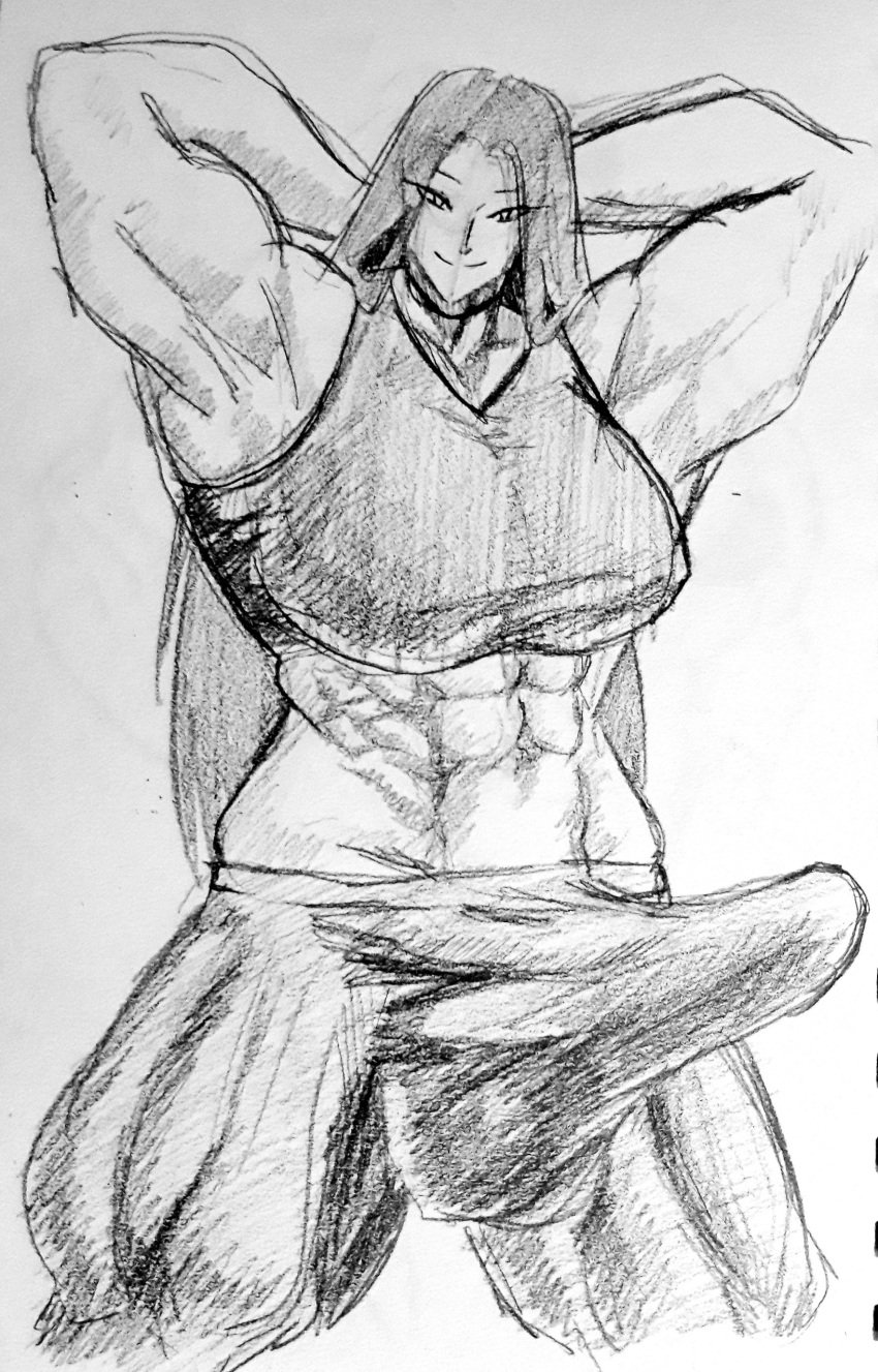 1futa abs aep127035 bulge bulge_through_clothing erection erection_under_clothes futa_only futanari hands_behind_head huge_cock massive_penis muscular muscular_futanari pencil_(artwork) solo solo_futa tenting traditional_media_(artwork)