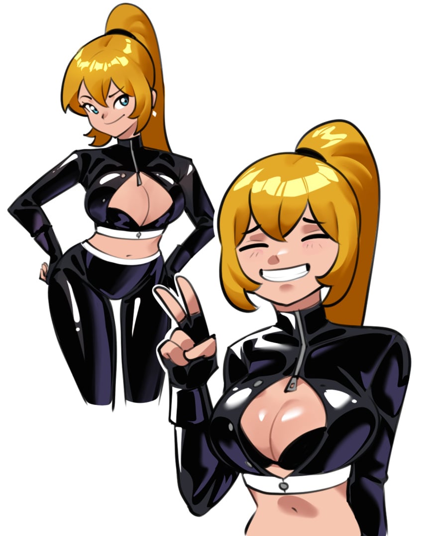 1girls blonde_female blonde_hair blue_eyes bra cleavage female female_focus female_only leather leather_clothing leather_gloves leather_jacket leather_pants light-skinned_female light_skin marri_(selvish94) midriff navel oc original original_character selvish94