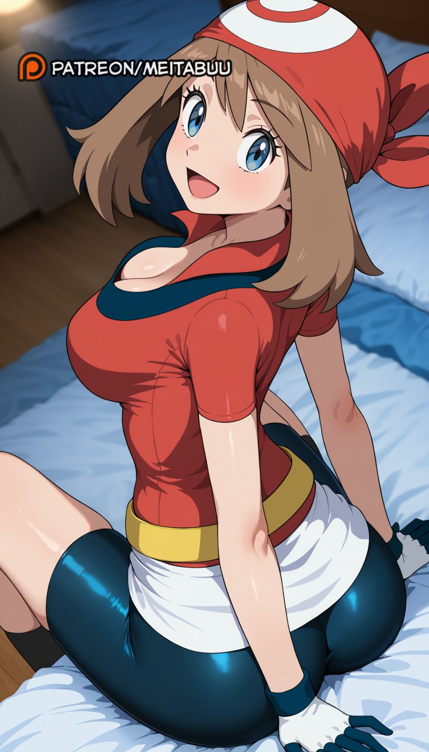 :d ai_generated ass bandana bed bike_shorts bike_shorts_under_skirt black_shorts blue_eyes blush breasts brown_hair cleavage fanny_pack female from_behind gloves indoors large_breasts looking_at_viewer looking_back may_(pokemon) meitabuu on_bed open_mouth pokemon pokemon_(species) pokemon_rgby pok�mon_(species) red_bandana red_shirt shirt short_sleeves shorts shorts_under_skirt sitting skirt smile solo white_skirt