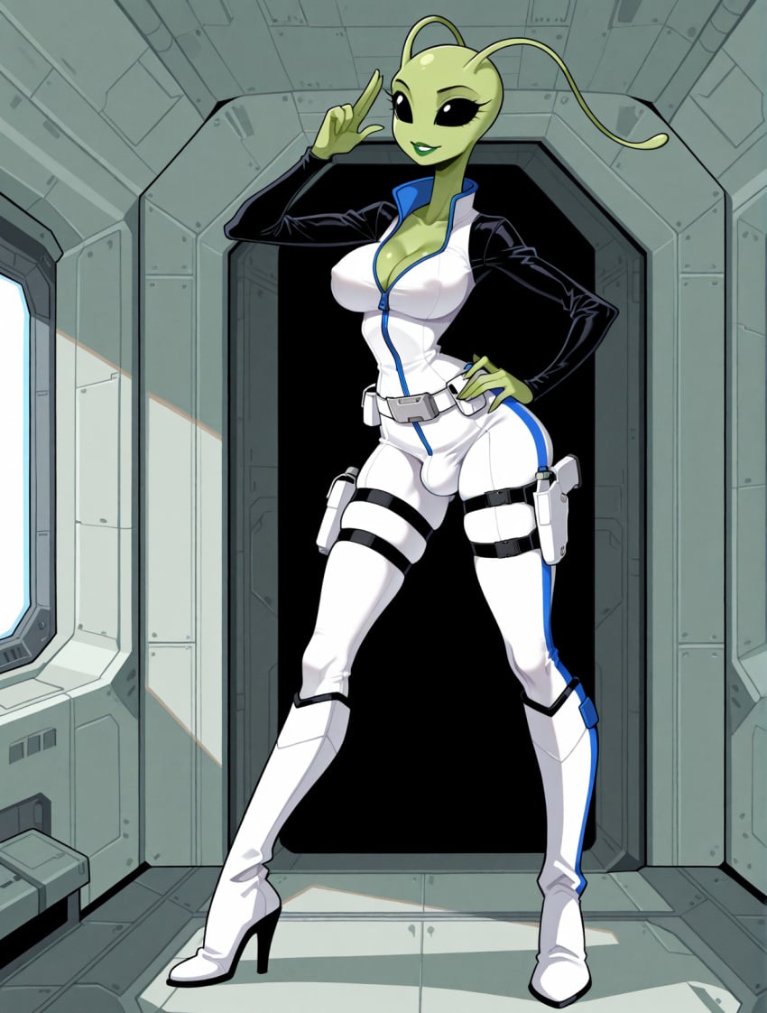 1futa 1girls against_table ai_generated alien alien_girl alien_humanoid antennae_(anatomy) arm_support bald belt black_eyes black_sleeves blue_trim bodysuit bulge cleavage clothed covered_nipples earless eyelashes futanari green_lips green_skin gynomorph hand_on_hip hand_up high_collar high_heel_boots high_heels holster holstered_weapon indoors jimojo knee_boots large_breasts leaning light_smile long_sleeves multicolored_clothing narrow_waist no_ears no_nose no_pupils no_sclera noseless one_hand_up parted_lips salute science_fiction solid_eyes solo stable_diffusion standing thigh_holster two_fingers_up utility_belt white_bodysuit