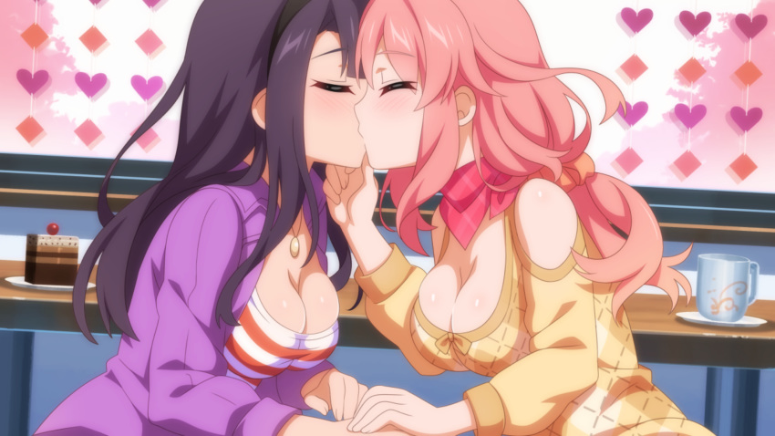 2girls azusa_(sakura_sadist) black_hair breasts closed_eyes female female_only hand_holding hand_on_chin kissing mari_(sakura_sadist) multiple_girls pink_hair sakura_sadist wanaca winged_cloud yuri