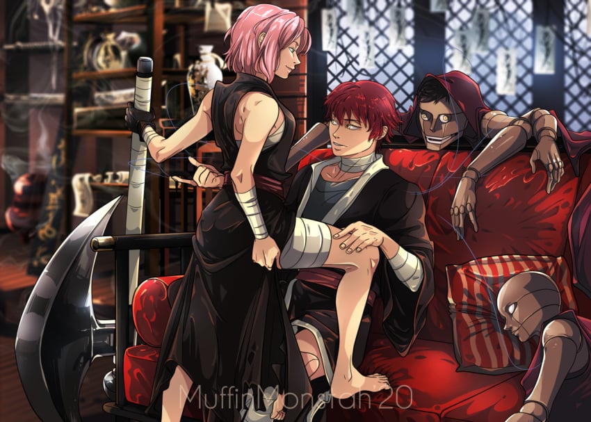 1boy 1girls bandaged_arm bandaged_leg bandaged_neck female hand_on_leg loose_clothes male male/female muffinmonstah naruto naruto_(series) naruto_shippuden pink_hair puppet red_hair sakura_haruno sasori sleeveless straight suggestive suggestive_pose villain