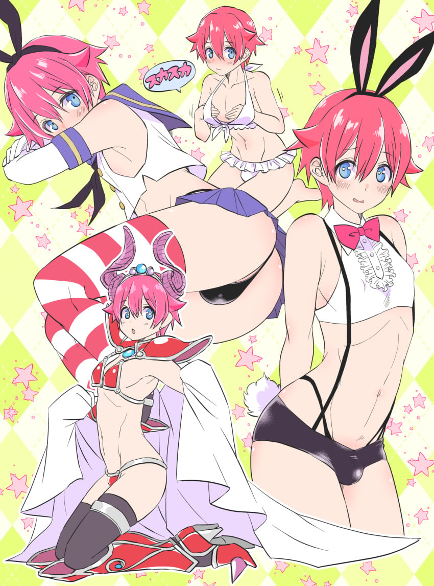 1boy androgynous balls_in_panties bikini_armor bowtie bunny_costume bunny_ears bunny_tail canon_crossdressing crossdressing femboy girly greaves hibiki_yuuta high_heel_boots male male_only nagano_rira panty_bulge pauldrons penis_in_panties short_shorts sissy solo ssss.gridman suspenders thighhighs trap unlila whale_tail