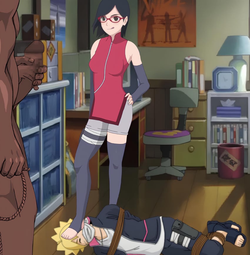 1girls 2boys alternate_breast_size barefoot bedroom before_sex being_watched big_breasts black_eyes black_socks blonde_hair blue_eyes bondage boruto:_naruto_next_generations bound breasts cheating cheating_girlfriend cuckold cuckolding dark-skinned_male dark_skin dominant dominant_female domination duct_tape duct_tape_gag eyewear faceless_male female_focus femdom full_body glasses huge_breasts humiliation indoors interracial light-skinned_female light-skinned_male light_skin lying_on_floor lying_on_side male male_masturbation malesub masturbation multiple_boys naruto naruto_(series) netorare ntr nude penis pqp rope sarada_uchiha socks stepped_on stepping_on_head stomping submissive submissive_male thighhighs tied_up toeless_socks uzumaki_boruto